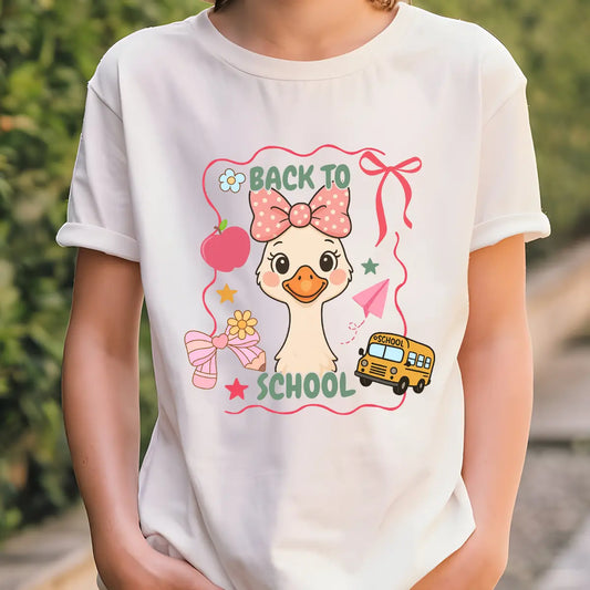 White T-shirt with cute goose, bow, apple, bus and "Back to School" DTF transfer design.