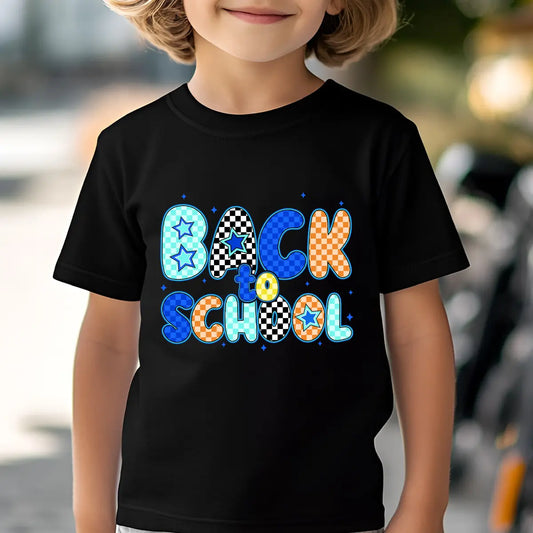 Black T-shirt with colorful “Back to School” text in checkered and star-patterned letters.