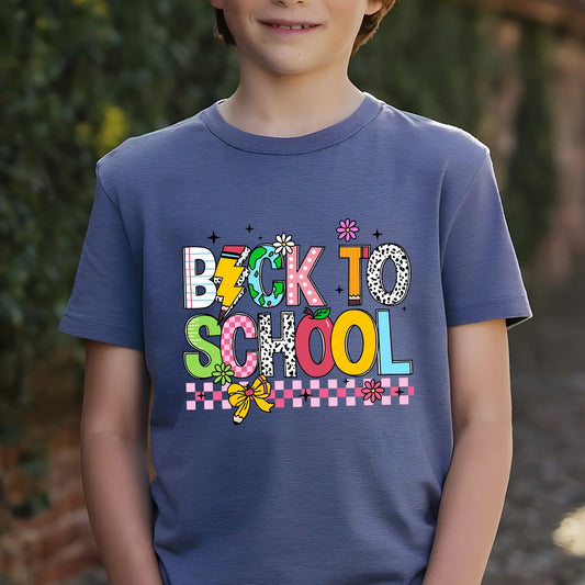 Navy T-shirt with colorful back to school DTF transfer design featuring letters, patterns, and checkered details.
