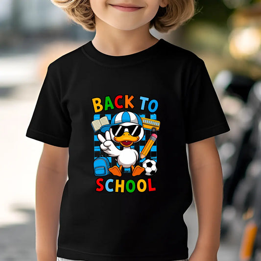 Black T-shirt with colorful back to school DTF transfer featuring a cartoon duck, school supplies, and plaid background.