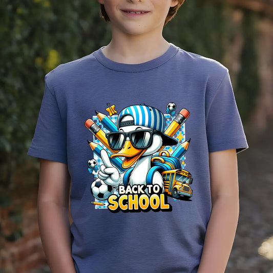 Navy T-shirt with colorful back to school DTF transfer showing a cool cartoon duck with school bus, soccer balls, and school supplies.