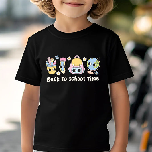Black T-shirt with “Back to School Time” DTF transfer design featuring cute pastel cartoon school items with big kawaii eyes and flowers.