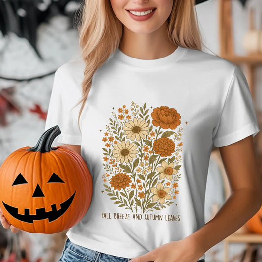 White T-shirt with “Fall Breeze and Autumn Leaves” DTF transfer design featuring a vintage-style floral bouquet in warm fall colors.