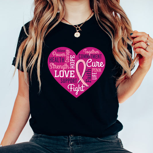 Black t-shirt with heart-shaped pink typography DTF transfer featuring breast cancer awareness ribbon and motivational words like Hope, Fight, and Cure.