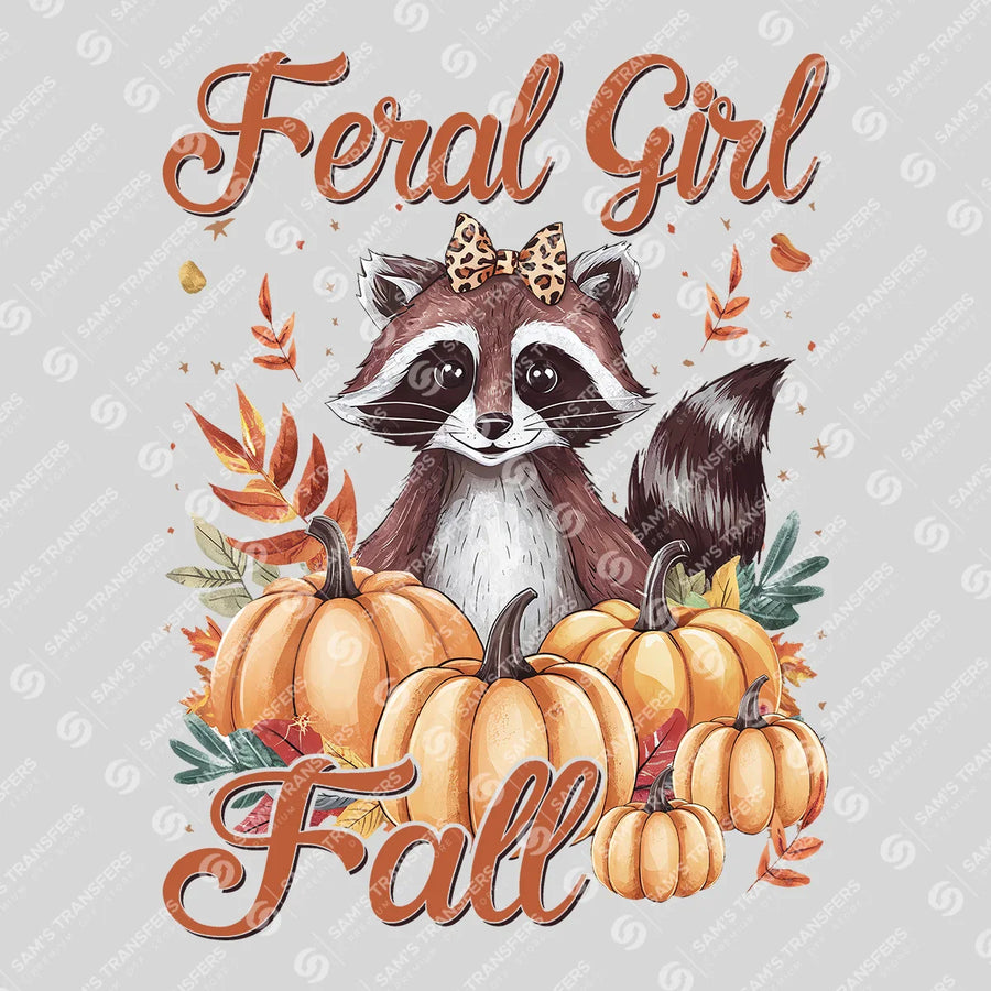 Feral Girl Fall – Raccoon & Pumpkins Autumn DTF Transfer