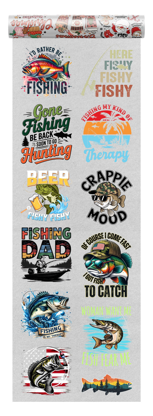 Fishing DTF Transfer Bundle - 12 Ready-to-Press Outdoor & Sportsman Designs - Sam's DTF Transfers