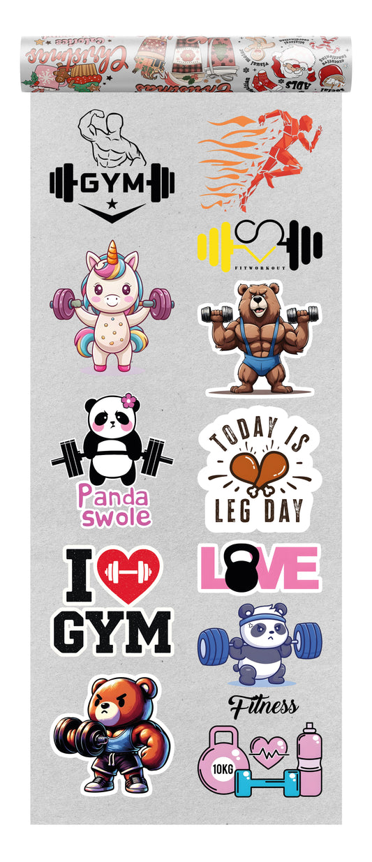 Gym DTF Transfer Bundle featuring 12 fitness-themed designs, including weightlifting animals, gym slogans, kettlebells, barbells, and leg day graphics.