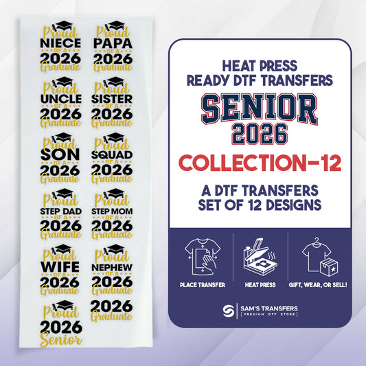 Promotional image of heat press ready DTF transfers for senior 2026 collection with text and graphics.