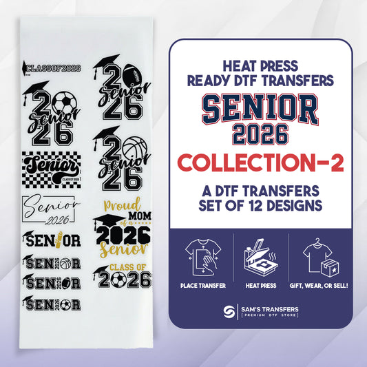 Collection of 'Senior 2026' themed heat press transfers with packaging on a light gray background.