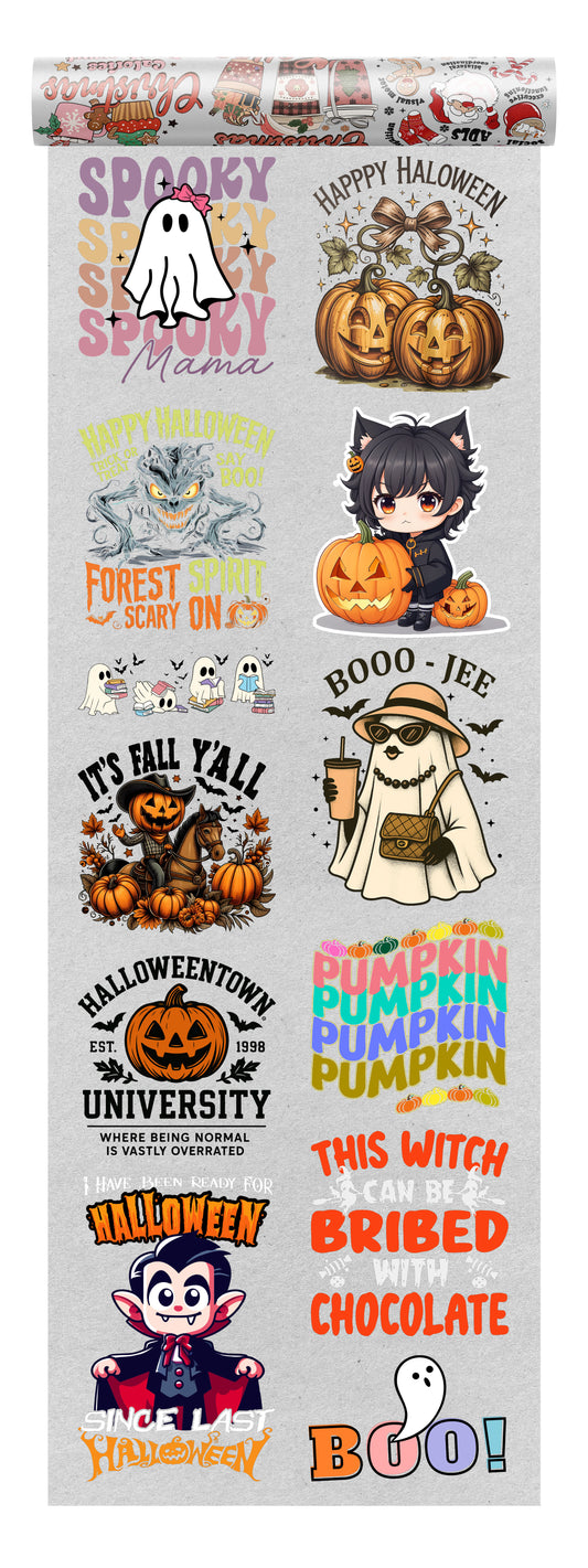 Halloween DTF transfer bundle featuring multiple designs including pumpkins, ghosts, fall-themed text art, a vampire character, and cute spooky illustrations, ideal for seasonal and festive apparel.