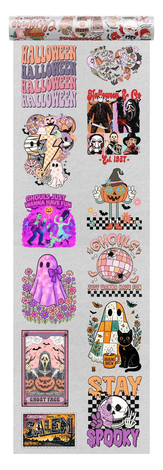 Halloween DTF transfer bundle featuring retro ghosts, pumpkins, ghouls, and horror movie-inspired designs with phrases like “Stay Spooky” and “Ghouls Just Wanna Have Fun.”