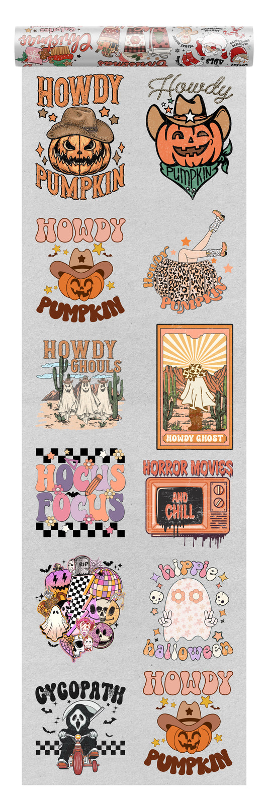 Halloween DTF transfer bundle with 10 retro designs including cowboy pumpkins, hippie ghosts, Hocus Focus text, and spooky vintage motifs on a transparent background – ideal for seasonal apparel printing.