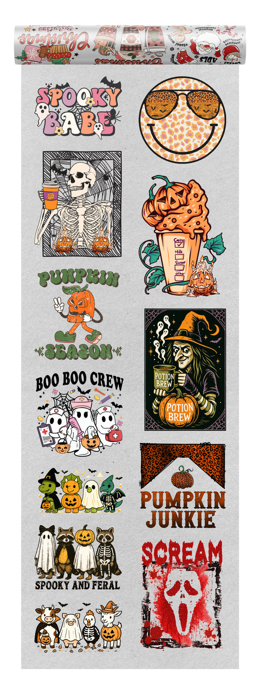 Halloween DTF transfer bundle with 10 retro designs including skeletons, pumpkins, witches, and ghosts in cozy fall and spooky-cute styles, ideal for apparel printing.