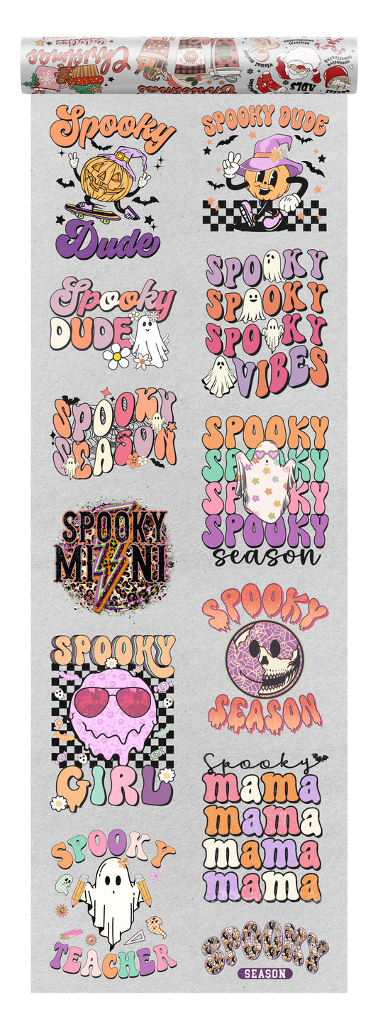Retro Halloween DTF transfer bundle with 10 designs including Spooky Dude, Spooky Girl, Spooky Mama, and pastel ghosts with vintage lettering on a transparent background, ideal for seasonal apparel.