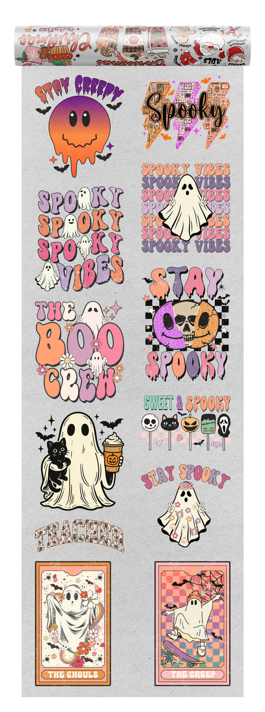 Halloween DTF transfer bundle with 10 retro designs including Stay Creepy, Boo Crew, Spooky Teacher, and ghost illustrations in vintage pastel style on transparent background, perfect for fall apparel.