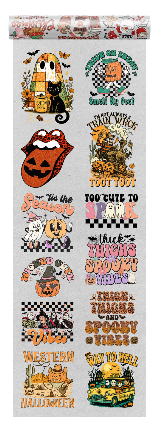 Halloween DTF transfer bundle with retro and vintage-style designs featuring ghosts, pumpkins, skeletons, and spooky text art—perfect for trendy Halloween apparel.