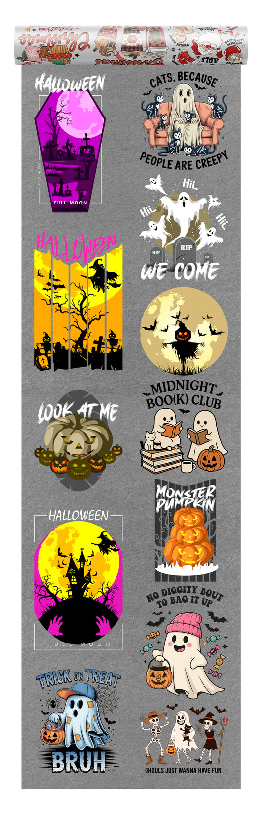 Halloween DTF transfer bundle featuring colorful designs with pumpkins, ghosts, skeletons, graveyards, and spooky-fun sayings, perfect for seasonal apparel.