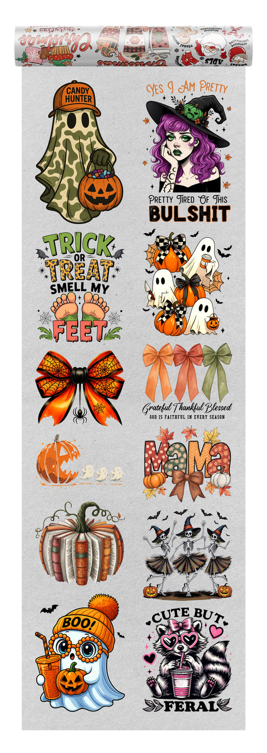 Halloween DTF transfer bundle with designs including ghosts, skeletons, pumpkins, bows, and humorous sayings like “Candy Hunter,” “Trick or Treat Smell My Feet,” and “Cute But Feral,” ideal for seasonal and funny Halloween shirts.