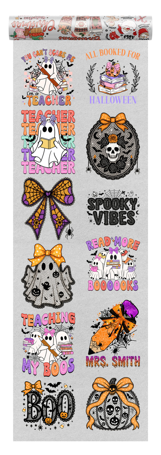 Halloween DTF transfer bundle featuring cute teacher ghost designs, bows, pumpkins, and fun text like “Teaching My Boos” and “Read More Booooks,” perfect for spooky classroom apparel.
