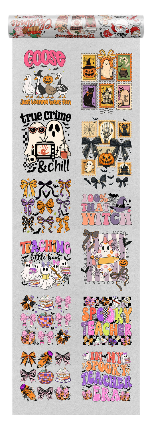 Halloween DTF transfer bundle featuring designs like “Spooky Teacher,” “100% That Witch,” and “Goose Just Wanna Have Fun,” plus bows, pumpkins, and ghosts—perfect for festive fall apparel.