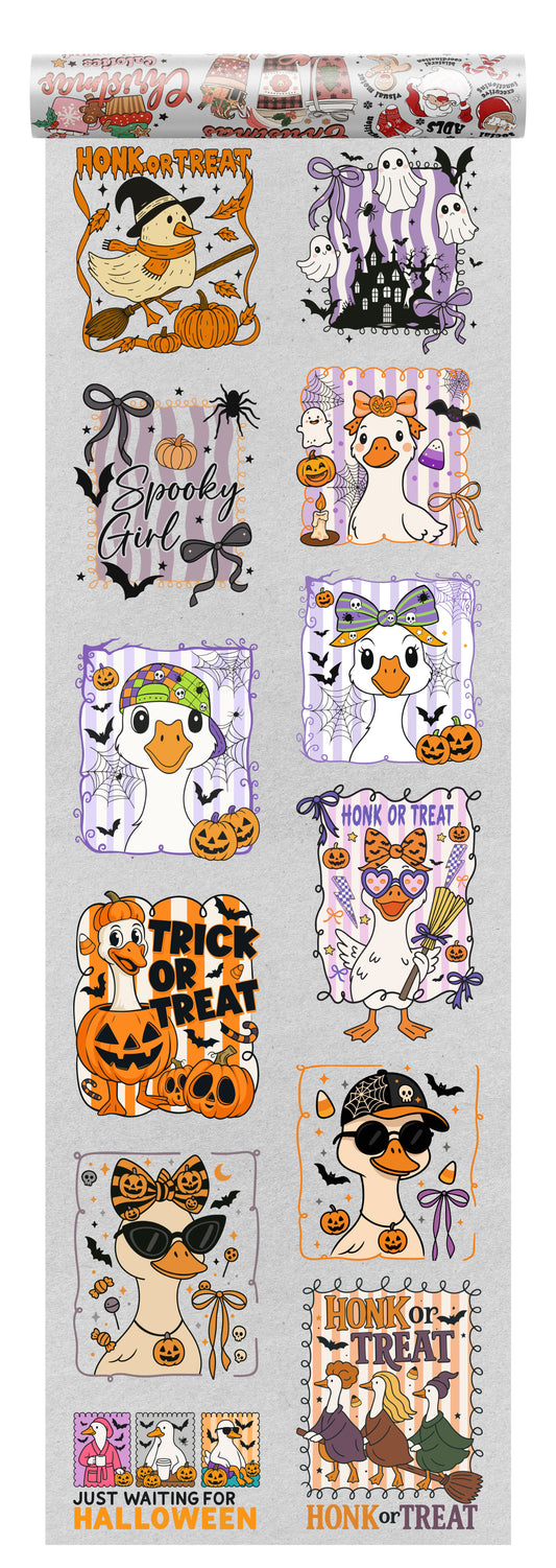 Halloween DTF transfer bundle featuring geese in witch hats, pumpkins, ghosts, and “Honk or Treat” sayings, perfect for cute and funny Halloween-themed apparel.