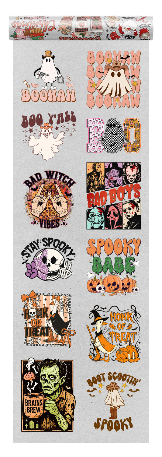 Halloween DTF transfer bundle with western ghosts, pumpkins, skulls, and text designs like “Boo Y’all” and “Stay Spooky,” perfect for fall and Halloween shirts.