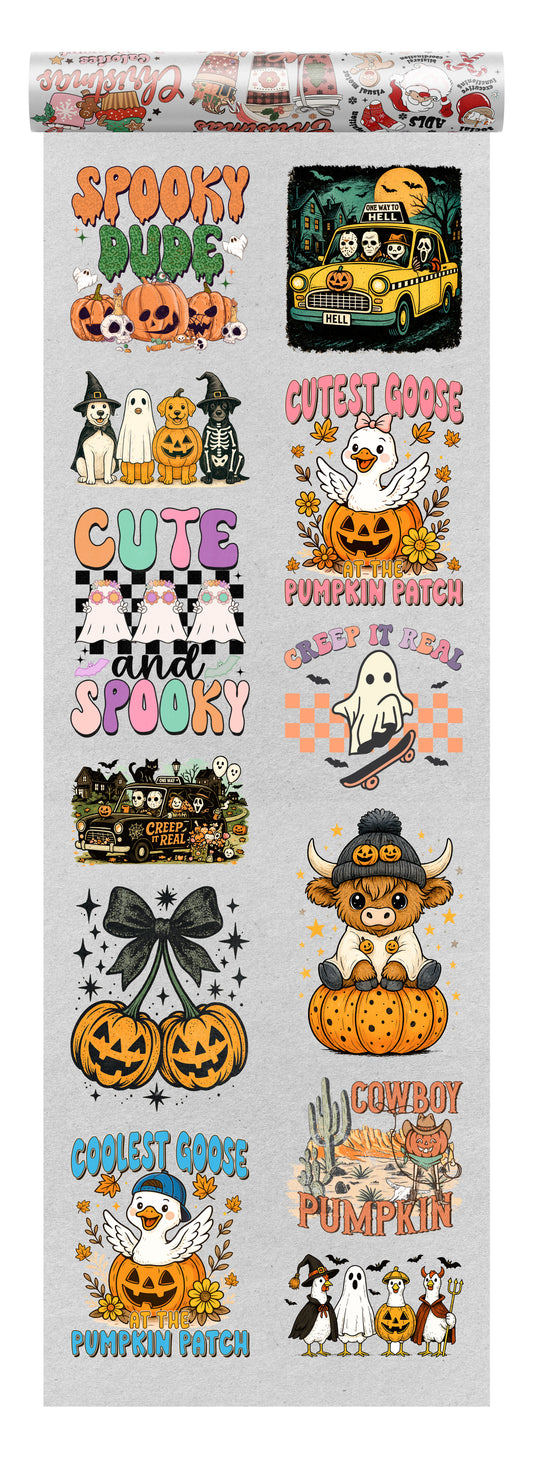 Halloween DTF transfer bundle featuring cute ghost, pumpkin, goose, and “Creep It Real” designs with pastel and retro Halloween colors, ideal for spooky seasonal shirts.