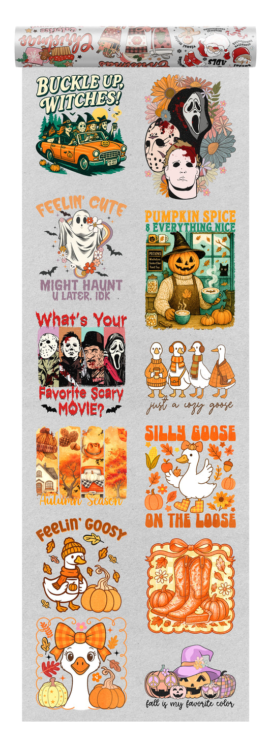 Halloween DTF transfer bundle featuring cozy goose designs, pumpkins, witches, and horror movie icons—perfect for cute and spooky fall shirts.