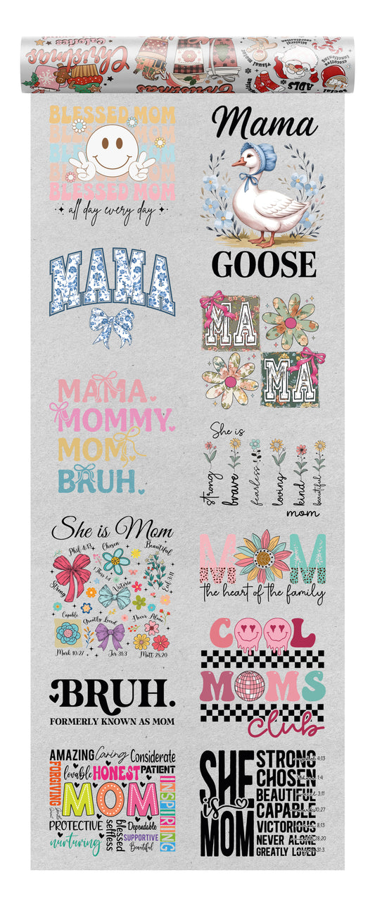 Mom DTF Transfer Bundle featuring 12 colorful ready-to-press motherhood designs, including affirmations, florals, scripture verses, and humorous mom quotes.