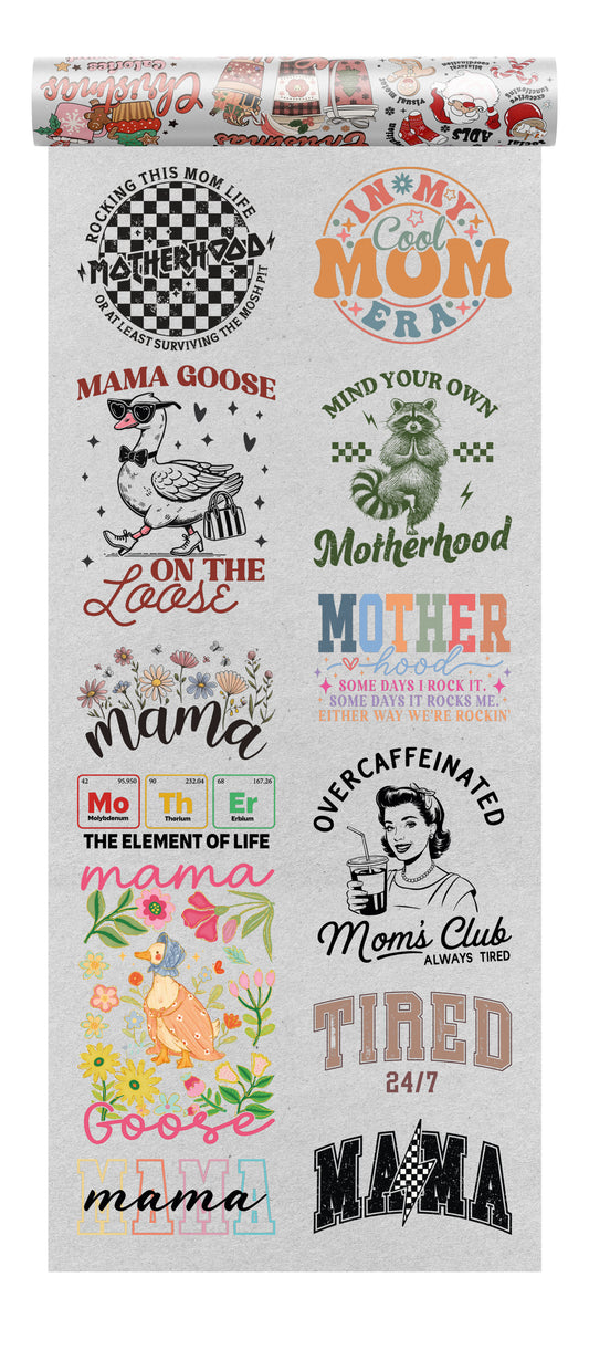 Mom DTF Transfer Bundle featuring 12 funny and relatable ready-to-press designs, including coffee quotes, tired mom slogans, cool mom era, and floral mama graphics.