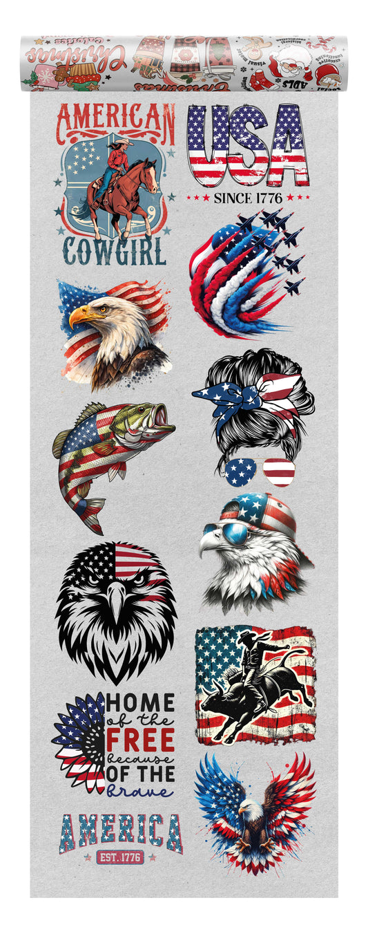 Patriotic DTF transfer bundle featuring 12 ready-to-press USA designs, including eagles, flags, rodeo, jets, patriotic quotes, and American-themed graphics.