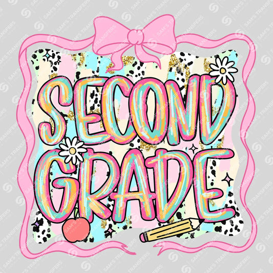 Apparel featuring a Second Grade Pink Bow-themed DTF transfer.