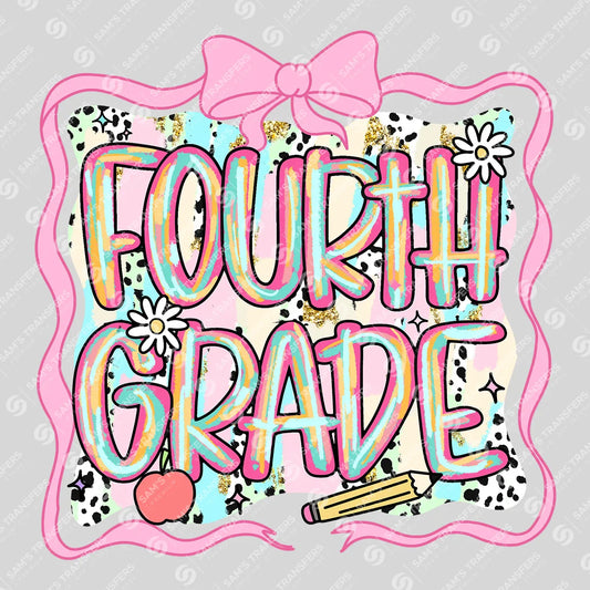Apparel featuring a Fourth Grade Pink Bow-themed DTF transfer.