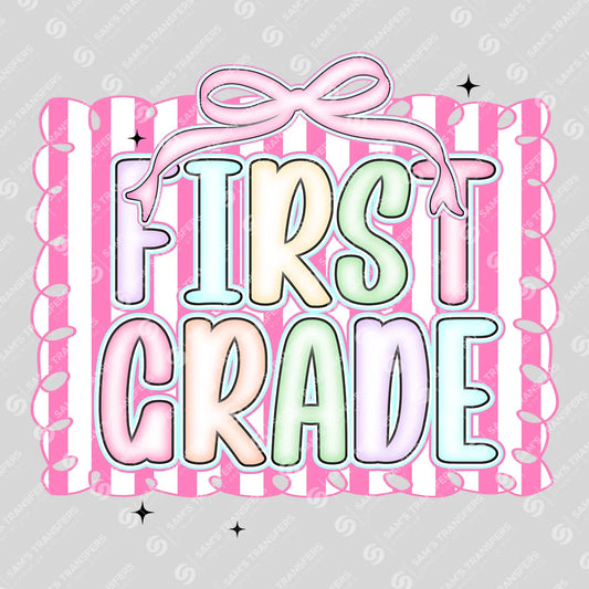 Apparel featuring a First Grade Pastel-themed DTF transfer.