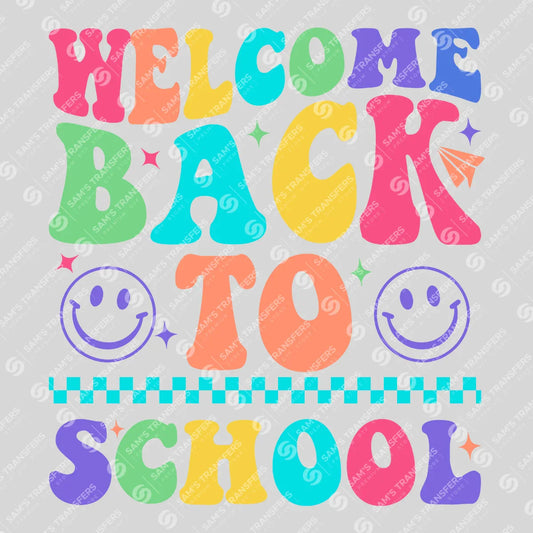 Apparel featuring a Welcome Back to School Groovy-themed DTF transfer.