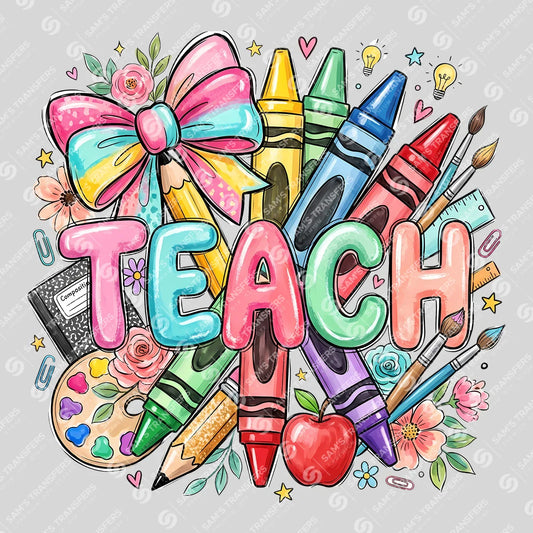 Apparel featuring a Teach-themed DTF transfer.