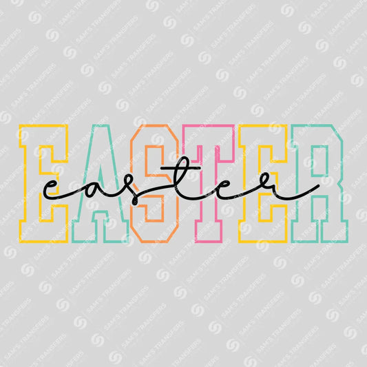 Apparel featuring a Easter Varsity Black-themed DTF transfer.