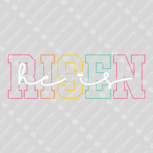 Apparel featuring a He Is Risen Varsity-themed DTF transfer.