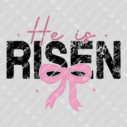 Apparel featuring a He Is Risen Distressed-themed DTF transfer.