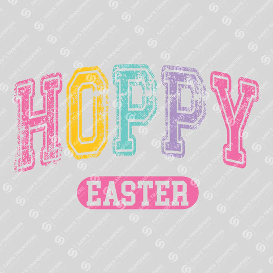 Apparel featuring a Hoppy Easter Varsity-themed DTF transfer.