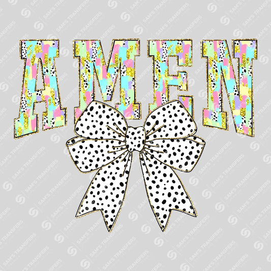 Apparel featuring a Amen Dalmatian Bow-themed DTF transfer.