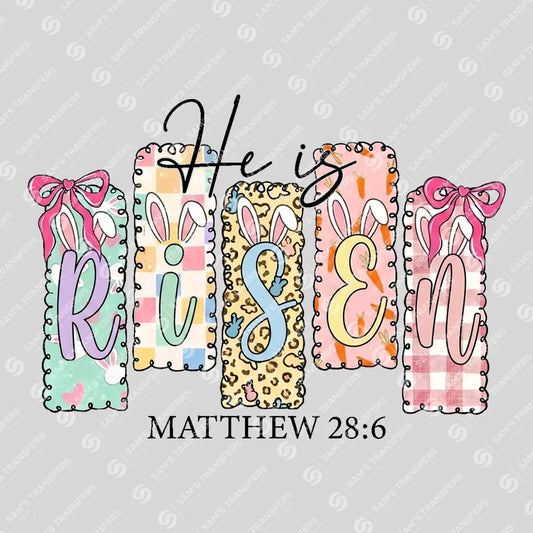 Apparel featuring a He Is Risen Planks-themed DTF transfer.