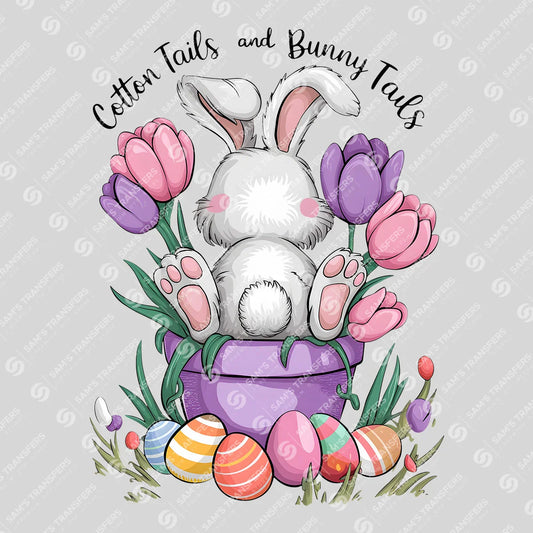 Apparel featuring a Cotton Tails and Bunny Tails-themed DTF transfer.