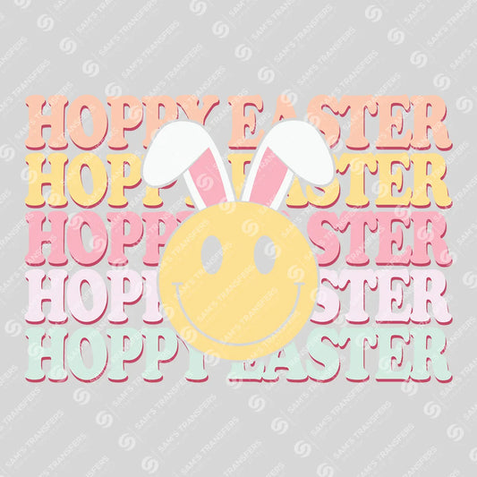 Apparel featuring a Hoppy Easter Smiley-themed DTF transfer.