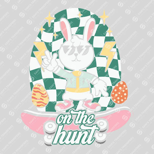 Apparel featuring a On The Hunt Skater Bunny-themed DTF transfer.