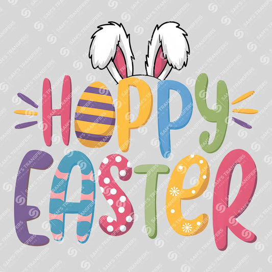 Apparel featuring a Hoppy Easter Colorful-themed DTF transfer.