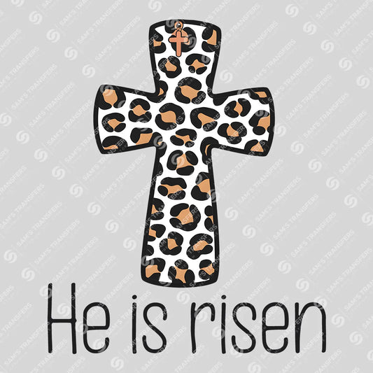 Apparel featuring a He Is Risen Leopard Cross-themed DTF transfer.