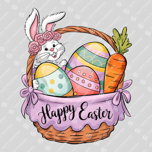 Apparel featuring a Happy Easter Basket-themed DTF transfer.