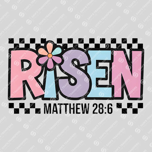 Apparel featuring a Risen Matthew 28-themed DTF transfer.