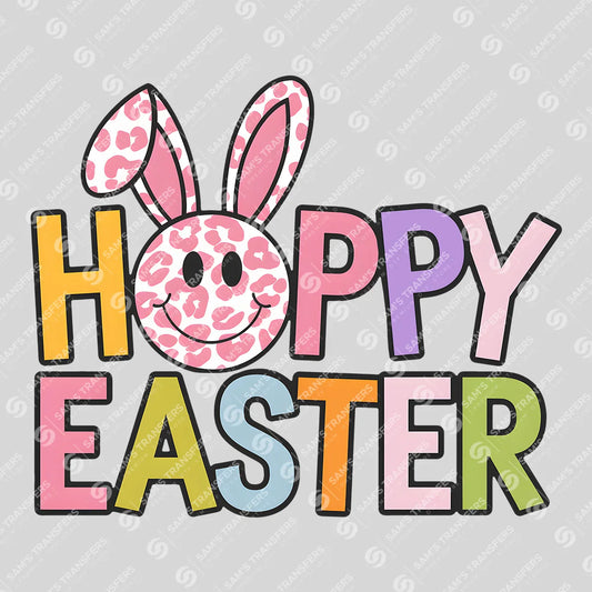 Apparel featuring a Hoppy Easter Leopard Smiley-themed DTF transfer.